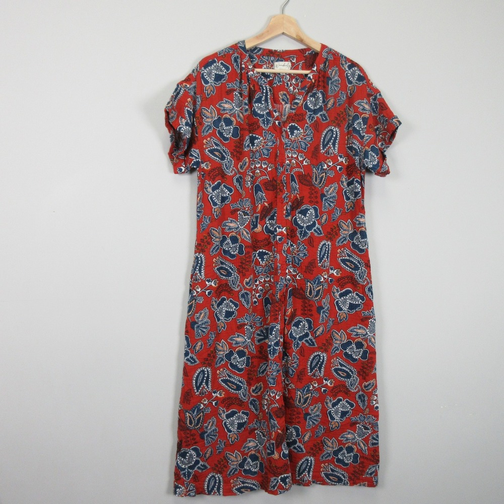 Wonderly Women Red Blue Floral Print Short Sleeve Maxi Dress Size L Boho Gauze